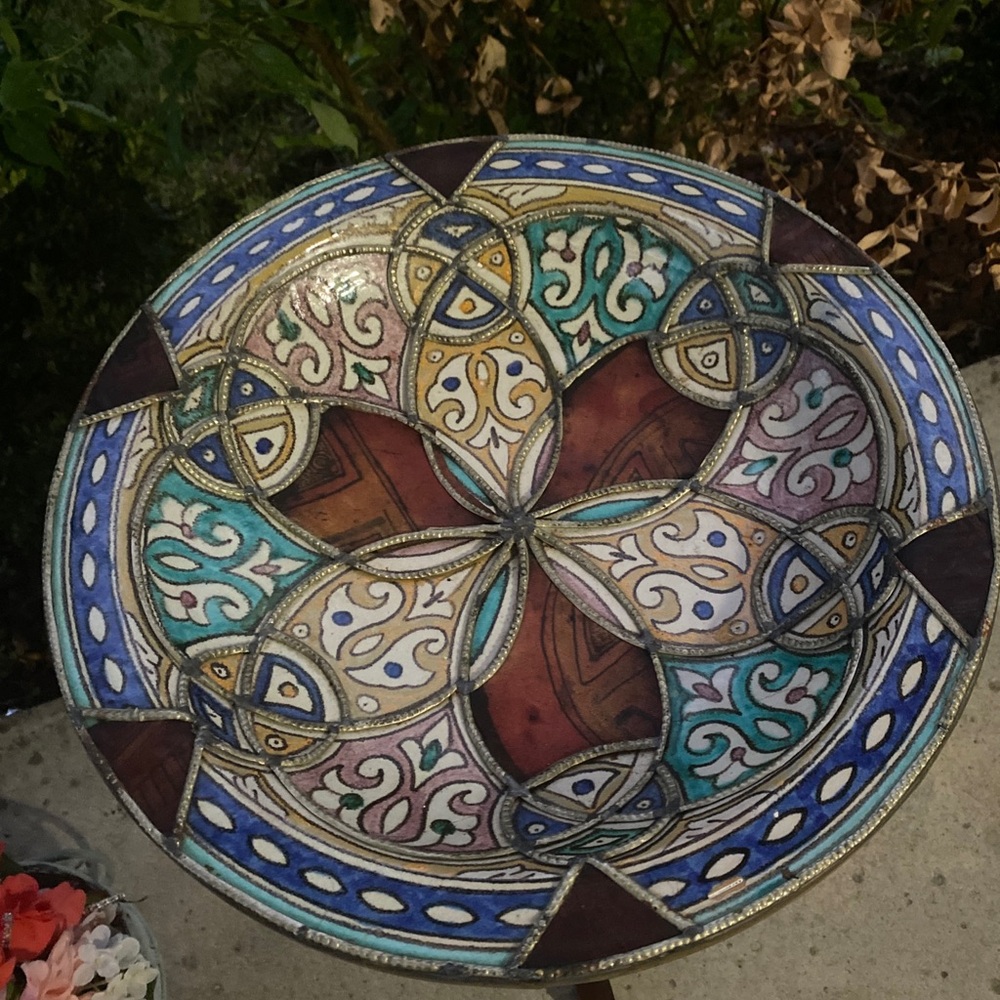 Moroccan Berber Moorish Large Polychrome . Ceramic Bowl with Silver and Leather